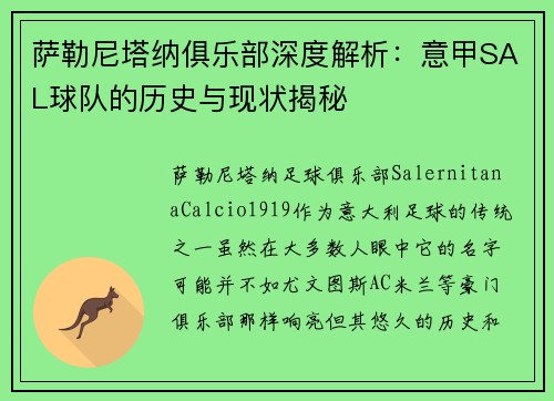 萨勒尼塔纳俱乐部深度解析：意甲SAL球队的历史与现状揭秘