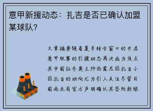 意甲新援动态：扎吉是否已确认加盟某球队？